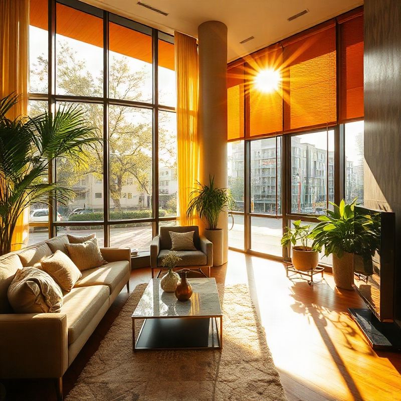 Interior amplo de apartamento no Batel iluminado por luz âmbar