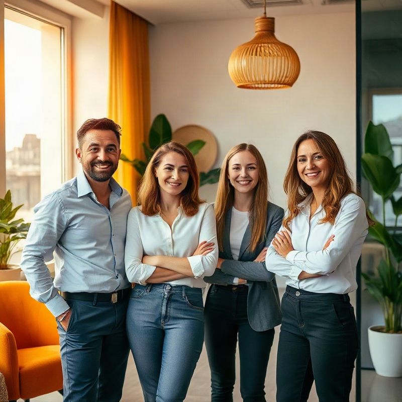 Equipe da Languagewindowv em escritório iluminado por luz âmbar